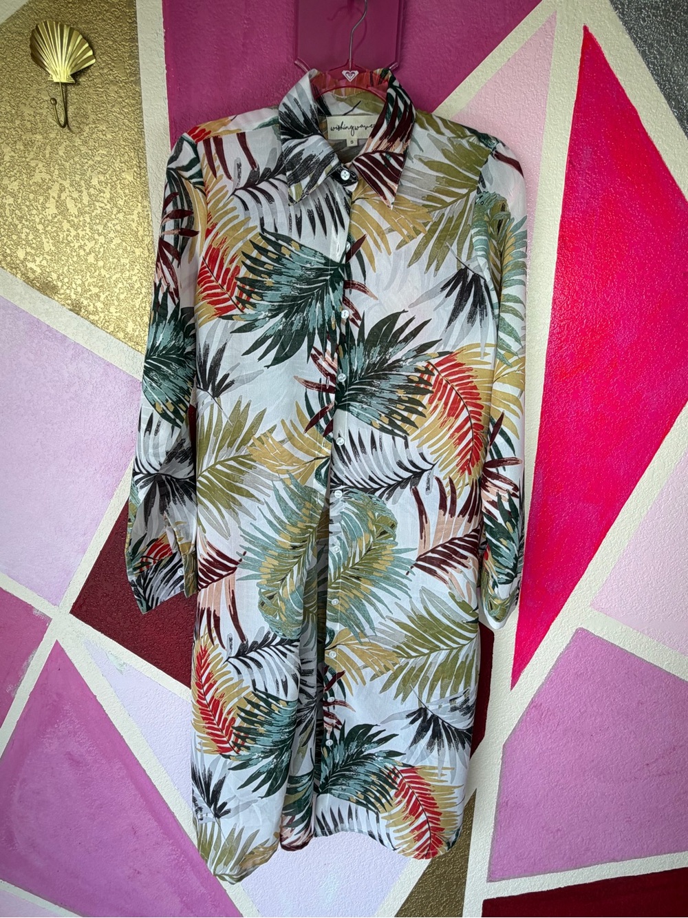 Wishing Waves Tropical Palm Print Button-Down Shirt Dress sz S